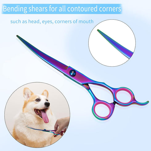 Dog Grooming Scissors Set - Colorful Pet Trimming Scissors Kit, 7 Inch Stainless Steel Shears for Grooming