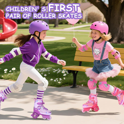 4 Nattork Toddler Roller Skates for Girls, Adjustable Sizes Tri-Wheel Skates for Beginner Kids with Light-Up Wheels