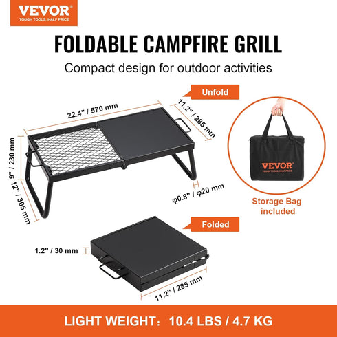 VEVOR Folding Campfire Grill, Heavy Duty Steel Mesh Grate, 22.4" Portable Grilling Rack for Outdoor Open Flame Cooking