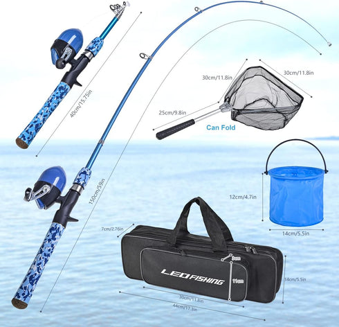 LEOFISHING Kids Fishing Pole Set, Portable Telescopic Rod and Spincast Reel with Fishing Net and Bucket