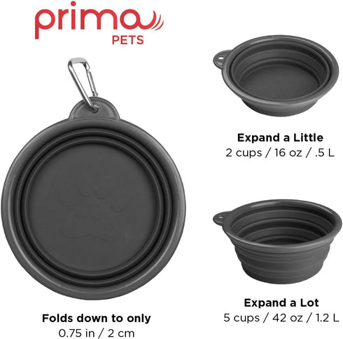 Prima Pets Collapsible Silicone Water Travel Bowl - Portable and Durable Pop-up Feeder for Dogs and Cats, Large (5 Cups)