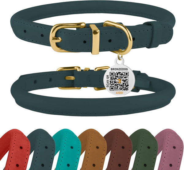 BRONZEDOG Rolled Leather Dog Collar with QR ID Tag - Adjustable Soft Round Collars for Small Medium Large Dogs (11" -