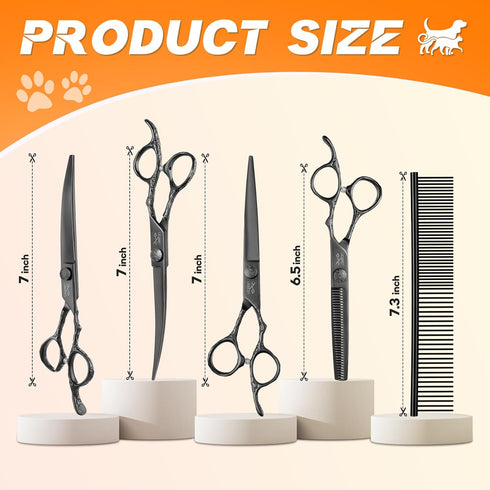JASON Dog Grooming Scissors Set, Professional 6 in 1 Kit - 6.5" Thinning, 7" Straight, Curved Shears