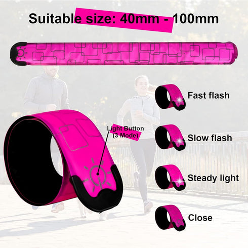 LED Safety Wristband Lights - 2 Pack Rechargeable Light Up Arm Ankle Band Kids Magic Slap Glow Bracelets Reflective Belt High Visibility for Night Cycling Walking Joggers Running Gear
