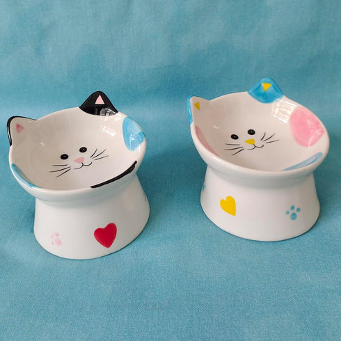 Cute Ceramic Raised Cat Bowls, Elevated Design, 15° Tilted Feeder, Protect Cat's Spine, Anti Vomiting Bowl for Flat