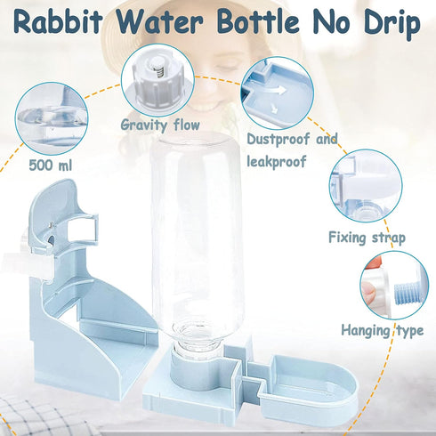 Hamiledyi 3PCS Crate Bunny Food Bowl, Removable Stainless Steel Dual Bowls with Plastic Hanging Water Fountain