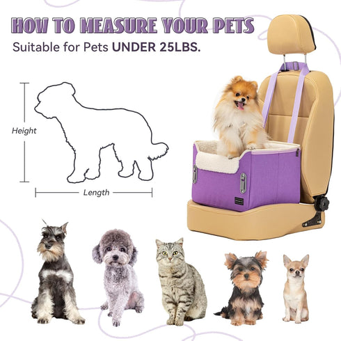 PETSFIT Small Dog Car Seat, Purple, Portable Booster Seat for Dogs Up to 25lbs with Clip-On Leash & Adjustable Straps