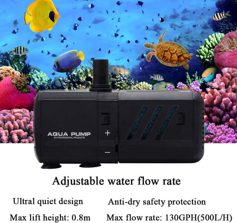 MQ 130GPH Submersible Water Pump (500L/H, 6W) with Filters and Water Nozzles, Ultra Quiet for Aquarium, Fish Tank, Pond, Fountain, Hydroponics by MQ