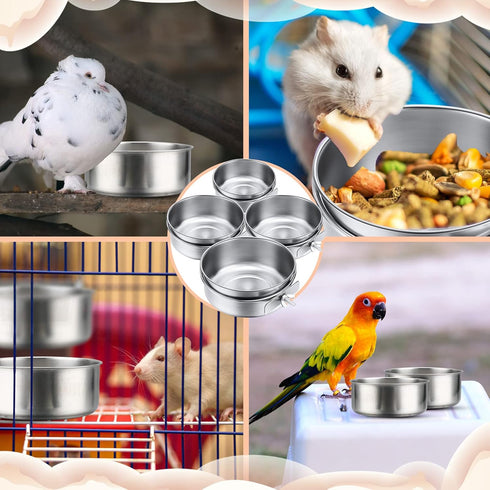 4 Packs Stainless Steel Bird Feeding Dish Cups, 30 oz Bird Feeder for Parrots, Water Food Bowl, Clamp Accessories