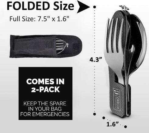 Orblue 4-in-1 Camping Utensils, 2-Pack - Portable Stainless Steel Spoon, Fork, Knife & Bottle Opener Combo Set - Travel, Backpacking Cutlery Multitool, Orange by Orblue