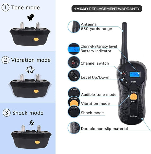PetSpy P620 Dog Training Shock Collar, Waterproof Remote Trainer E-Collar with Vibration, Electric Shock, Beep for