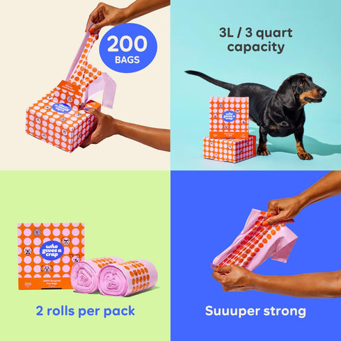 100% 200 Count, 3L 3 Who Gives a Crap Recycled Pet Waste Bags, / Quart, Designed to Help Resist Leaks and Tears, Tie