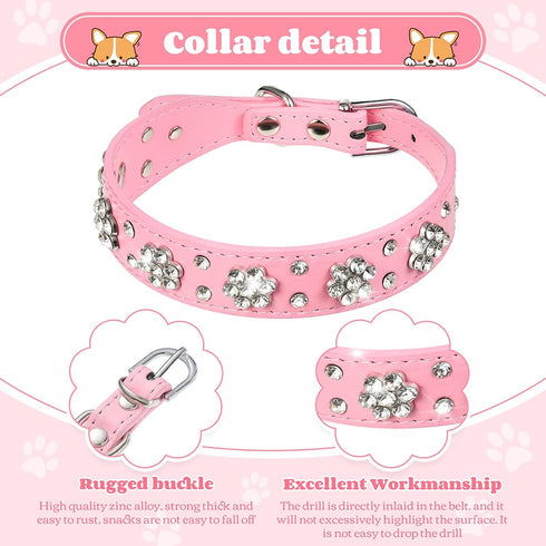 2 Pieces PU Leather Dog Collar Pink Rhinestone Pet Collar Flower Pattern Studded Dog Collar Adjustable Bling Puppy Collar PU Leather Crystal Pet Collars for Dogs (S:11-13 Inch)
