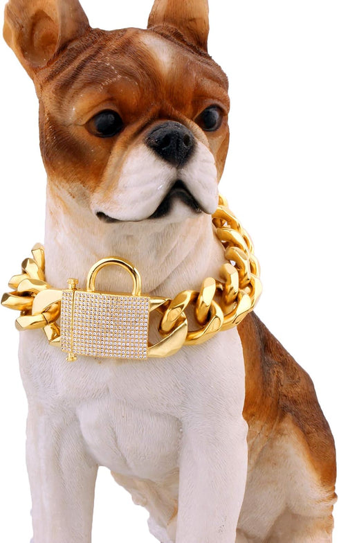 Big Dog Chain Collar, Heavy Strong Gold Chain Bling, Thick Solid Stainless Steel Wide 23MM for Medium Large Dogs