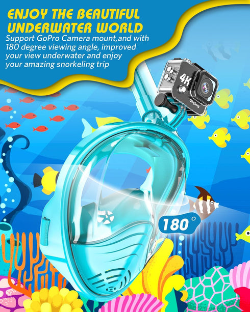QingSong Kids Snorkel Mask, Full Face Snorkeling Set with Camera Mount, 180 Degree Panoramic View Gear