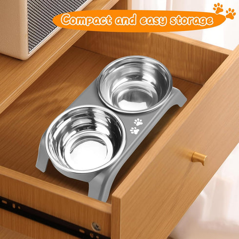 Elevated Cat Bowls - Anti-Vomiting Raised Stand with 2 Thick Stainless Steel Bowls, Grey