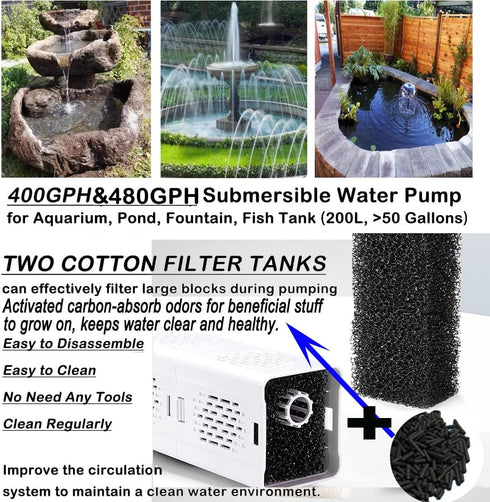 Ultra Quiet Fish Tank Filter - 4-in-1 Internal Aquarium Filter, 500-1800L/H Submersible Water Pump