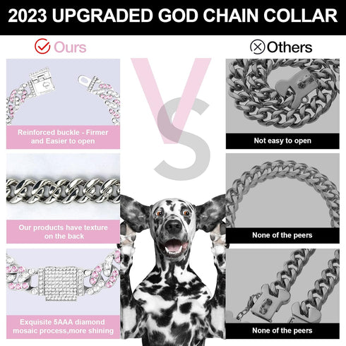 Silver Cuban Dog Chain Collars, Metal Choke Collar with Secure Buckle, Pet Crystal Necklace for Small Medium Large Dogs