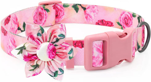 Floral Girl Dog Collar - Pink Dog Collar with Rose Flower Bow Tie for Small, Medium, Large Dogs