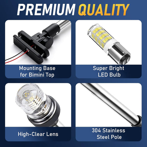 16 Inches 3NM (12-24V) Pontoon Boat Stern Light for Bimini Top, LED Anchor Light Waterproof, White Fold Down Rear