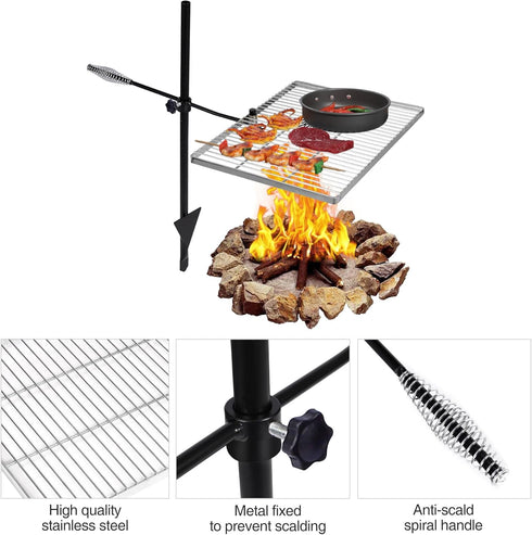 REDCAMP Heavy Duty Swivel Campfire Grill Grate, Stainless Steel Over Fire Grill with Carrying Bag for Cooking