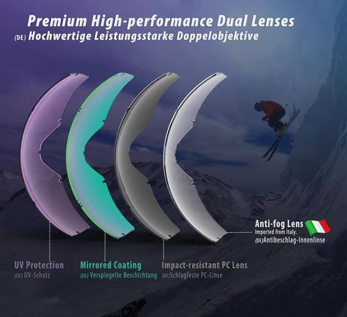 OTG Over Glasses Ski Goggles, Stylish Comfy Snowboard Goggles for Adult Men Women Youth, Anti-fog 100% UV Protection