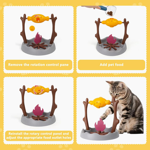 DFQ Cat Slow Feeder, Interactive Cat Puzzle Toy Treat Dispenser - BBQ Campfire Grill Design, Adjustable Rotating Roast
