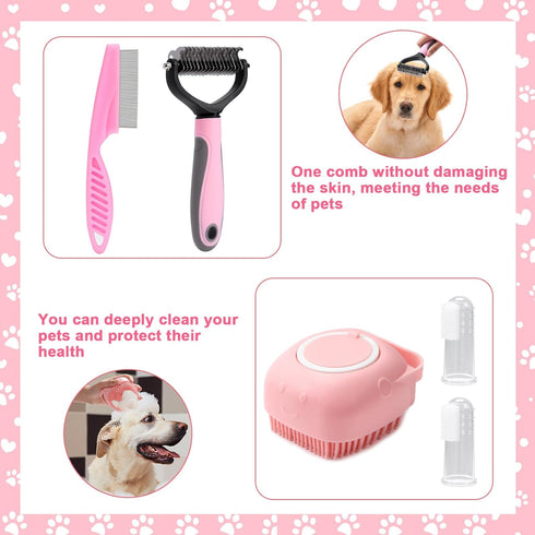 8 Pcs Dog Brush Grooming Kits, Self Cleaning Kit with Nail Clipper, Flea Comb, Bath Brush, and More, Pink