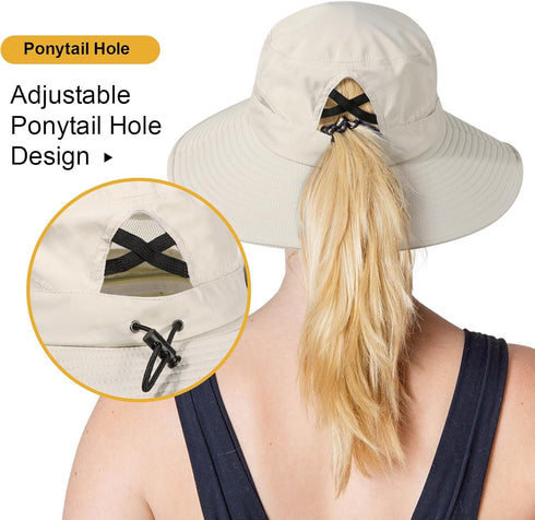 Waterproof Bucket Sun Hat for Women, Wide Brim Breathable Mesh UPF50+ Safari Hat with Criss Cross Ponytail Hole