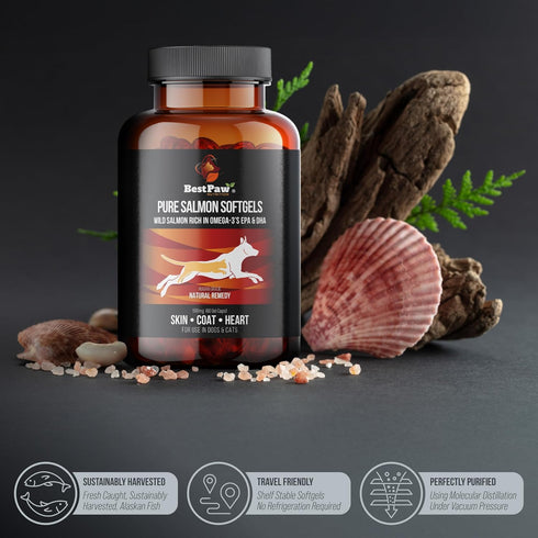 Best Paw Nutrition Pure Salmon Soft Gels for Dogs & Cats, 500mg Omega 3 Capsules Supplement