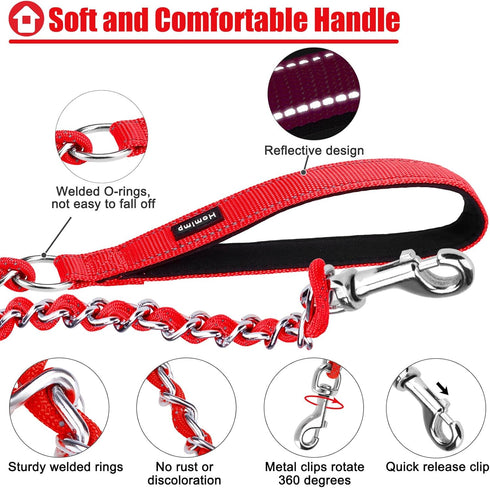 Homimp Reflective Chain Dog Leash, Chew Proof Metal Leash for Large Dogs, 6 FT with Soft Padded Handle (Red)