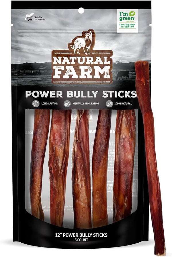 Natural Farm Power Bully Sticks Dog Chews (12, 5-Pack), 2-in-1 Power Chews: