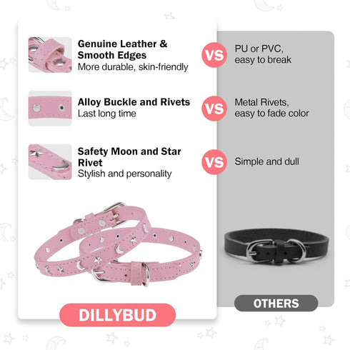 Leather Dog Collar for Puppy Small Medium Dogs, Adjustable Star and Moon Studded Pet Collars with Rust-Proof Metal