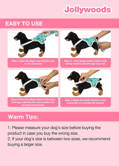 Jollywoods 3 Pack Washable Female Dog Diaper Onesie Sanitary Pantie with Adjustable Suspender, Reusable Fixed Doggie