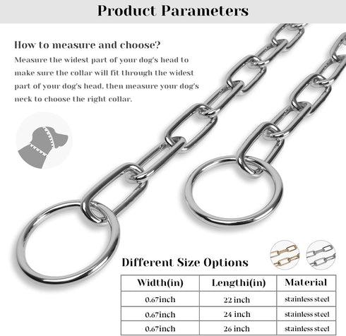 Silver Dog Chain Collar, Heavy Duty Chew Proof Stainless Steel Long Link Fur Saver Training Collar for Small Medium Dogs