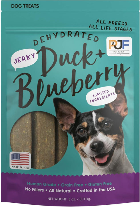 Pet Jerky Factory Premium Duck and Blueberry Dog Jerky Treats - 5 oz, 100% Human Grade, High Protein, Grain Free