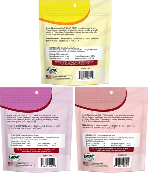 Exotic Nutrition Flower Treat 3 Pack - Healthy Assortment of Hibiscus, Calendula, Rose for Squirrels, Guinea Pigs,