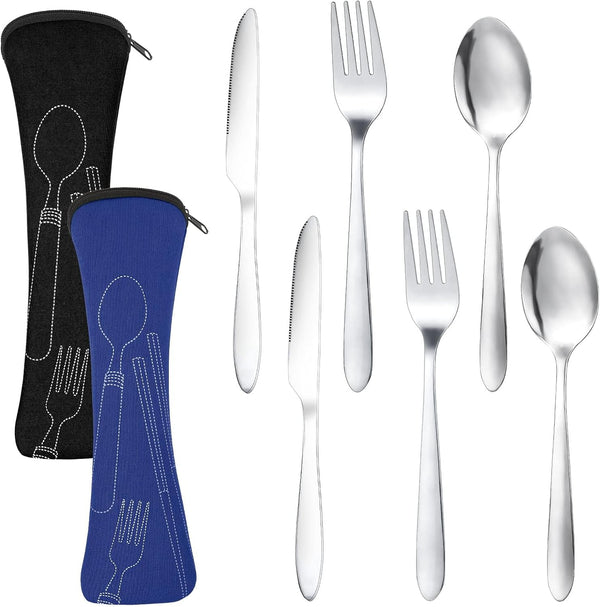 Generic Portable Utensil Organizer Bag Set, Black and Blue, Stainless Steel Camping Cutlery