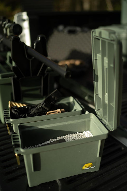 Plano Lockable Shot Shell Box, OD Green, Small Plastic Ammo Storage with Heavy-Duty Carry Handle, Holds 4 Boxes.