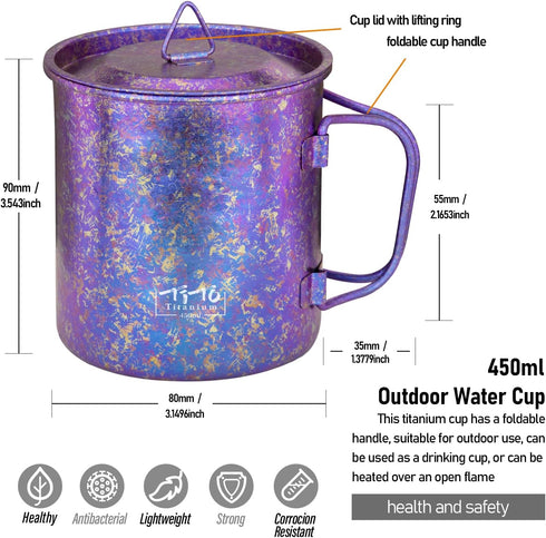 TiTo Titanium Cup with Lid, Ultralight Portable 450ml Foldable Handle Camping Tea Coffee Water Mug for Outdoor Use