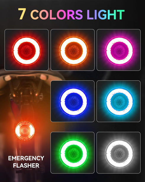 ONVIAN Colorful Bike Tail Light with Turn Signals, USB Rechargeable, 15 Light Modes, 7 Colors, Waterproof Cycling Safety