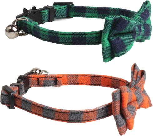KUDES 2 Pack Cat Collar Breakaway with Bow Tie and Bell for Kitty and Puppies, Adjustable 7.8-10.5 Inch (Green+Orange)