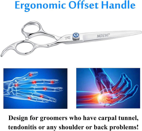 7" Trimming Offset JASON Straight Dog Grooming Scissors, Ergonomic Pets Grooming Shears, Premium Cats Kit with Handle