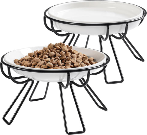 The Ultimate Cat Dining Set: 5.9 inch Ceramic Cat Water Bowl and Anti-vomiting Cat Plates with Metal Stand