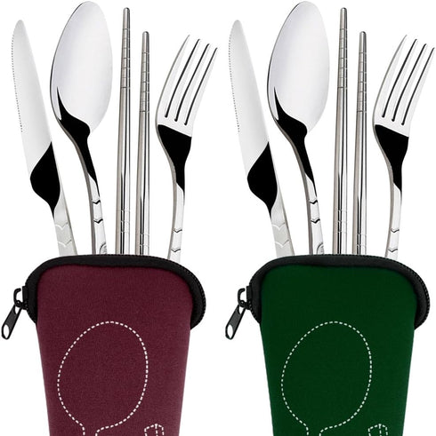 SENHAI 8 Pieces Flatware Set, Knife, Fork, Spoon, Chopsticks, 2 Pack Rustproof Stainless Steel Dinnerware with Carrying