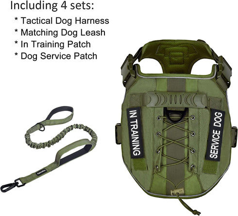 Petmolico Tactical Dog Harness with Leash, No Pull Military Service Dog Harness with Hook and Loop Panels, Army Green XL