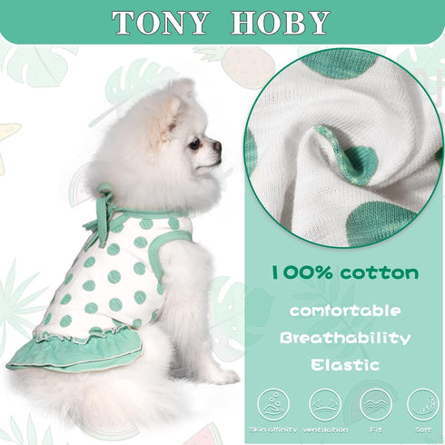 TONY HOBY Summer Dog Dress - Soft Party Dress with Polka Dots for Small Medium Dogs, White & Green