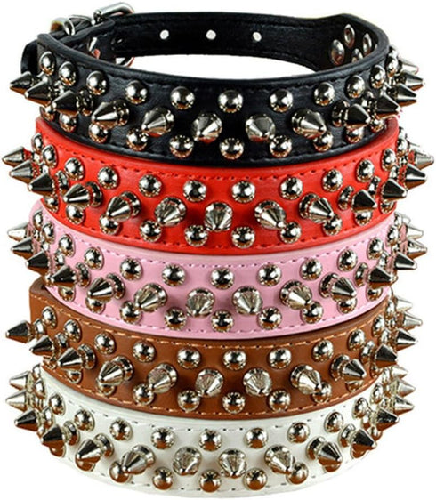 Dogs Kingdom Soft Leather Mushrooms Rivet and Spikes Studded Adjustable Buckle Pet Dog Collar for Small Medium Large