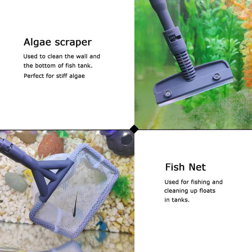 AQUANEAT 6 in 1 Fish Tank Cleaning Tools, Includes Algae Scraper, Sponge Pad, Fish Net, Gravel Rake, Cleaning Brush