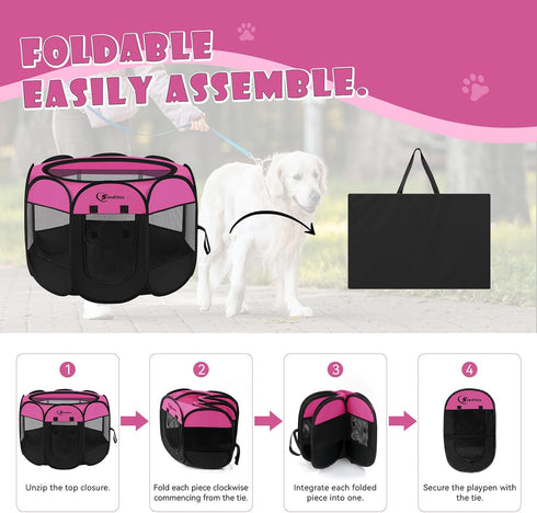 Dog Playpen, Indoor Puppy Pet Playpen for Medium Dogs, Portable Pop Up Kennel with Carrying Case, Hot Pink